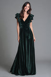 Dark Green Velvet V-Neck A Line Long Holiday Party Dress with Ruffles