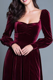 Burgundy Velvet A Line Maxi Holiday Party Dress with Slit