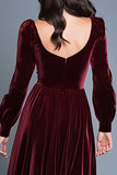 Burgundy Velvet A Line Maxi Holiday Party Dress with Slit