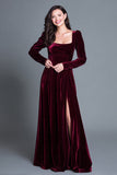 Burgundy A Line Velvet Long Holiday Party Dress with Slit