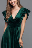Dark Green V-Neck Velvet A Line Long Holiday Party Dress with Slit