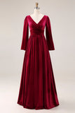 Burgundy A Line Velvet V-Neck Long Holiday Party Dress with Sleeves