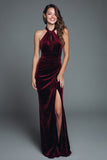 Burgundy Halter Mermaid Velvet Maxi Holiday Party Dress with Slit