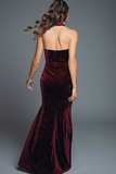 Burgundy Halter Mermaid Velvet Maxi Holiday Party Dress with Slit