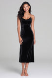 Black Sheath Spaghetti Straps Velvet Tea Length Holiday Party Dress