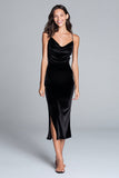 Black Velvet Spaghetti Straps Tea Length Holiday Party Dress with Slit