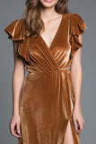 Brown Velvet V-Neck Sheath Long Holiday Party Dress with Slit