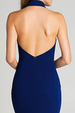 Navy Halter Satin Backless Mermaid Long Formal Dress with Slit