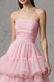 Pink Tulle Strapless A Line Ruffled Maxi Pageant Dress