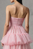 Pink Tulle Strapless A Line Ruffled Maxi Pageant Dress