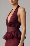 Burgundy Halter Chiffon Sheath Tea Length Formal Dress with Ruffles