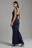 Simple Navy Satin Boat Neck Mermaid Long Formal Dress