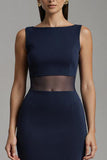 Simple Navy Satin Boat Neck Mermaid Long Formal Dress