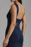 Simple Navy Satin Boat Neck Mermaid Long Formal Dress