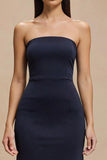 Simple Navy Satin Strapless Mermaid Maxi Formal Dress