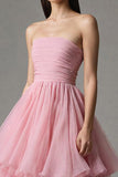 Pink Strapless A Line Ruffled Tulle Ankle Length Pageant Dress
