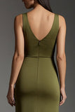 Simple Olive Satin V-Neck Mermaid Long Formal Dress with Slit