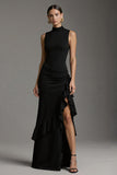 Black Satin High Neck Mermaid Ruffled Maxi Formal Dress with Slit