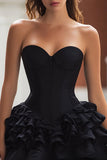 Black Sweetheart Satin Corset A Line Ruffled Short Cocktail Dress