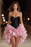 Black and Pink Sweetheart A Line Ruffled Short Cocktail Dress