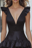 Black Deep Satin V-Neck A Line Ruffled Short Cocktail Dress
