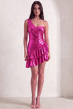 Fuchsia One Shoulder Bodycon Ruched Short Cocktail Dress with Ruffles