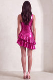 Fuchsia One Shoulder Bodycon Ruched Short Cocktail Dress with Ruffles