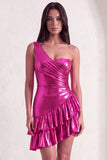 Fuchsia One Shoulder Bodycon Ruched Short Cocktail Dress with Ruffles