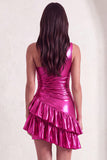 Fuchsia One Shoulder Bodycon Ruched Short Cocktail Dress with Ruffles