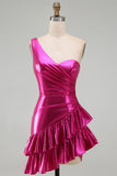 Fuchsia One Shoulder Bodycon Ruched Short Cocktail Dress with Ruffles