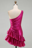 Fuchsia One Shoulder Bodycon Ruched Short Cocktail Dress with Ruffles
