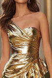 Gold Metallic Ruffled Tight One Shoulder Short Cocktail Dress