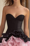 Black and Pink Satin Sweetheart A Line Tiered Corset Short Cocktail Dress
