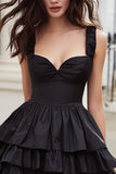 Black Thick Straps Ruffled A Line Short Cocktail Dress