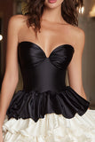 Black and White Sweetheart Satin A Line Ruffled Short Cocktail Dress