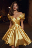 Gold Satin Off the Shoulder Ruched A Line Short Cocktail Dress