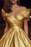 Gold Satin Off the Shoulder Ruched A Line Short Cocktail Dress