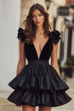 Black V-Neck Ruffled A Line Short Cocktail Dress