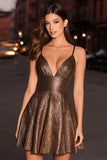 Coffee Spaghetti Straps A Line Metallic Short Cocktail Dress