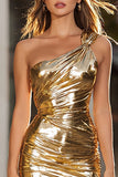 Gold Metallic Bodycon One Shoulder Ruched Short Cocktail Dress