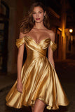 Gold Satin Off the Shoulder Ruched A Line Short Cocktail Dress