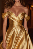 Gold Satin Off the Shoulder Ruched A Line Short Cocktail Dress