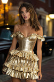 Gold Metallic Corset Ruffled A Line Short Cocktail Dress