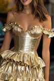 Gold Metallic Corset Ruffled A Line Short Cocktail Dress