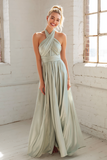Dusty Sage Criss Cross Halter A Line Chiffon Maxi Bridesmaid Dress