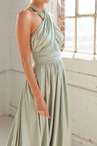 Dusty Sage Criss Cross Halter A Line Chiffon Maxi Bridesmaid Dress
