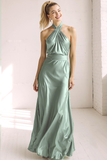 Champagne Satin Criss Cross Halter Maxi Bridesmaid Dress