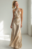 Champagne Satin Criss Cross Halter Maxi Bridesmaid Dress