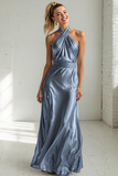 Champagne Satin Criss Cross Halter Maxi Bridesmaid Dress