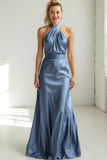 Champagne Satin Criss Cross Halter Maxi Bridesmaid Dress